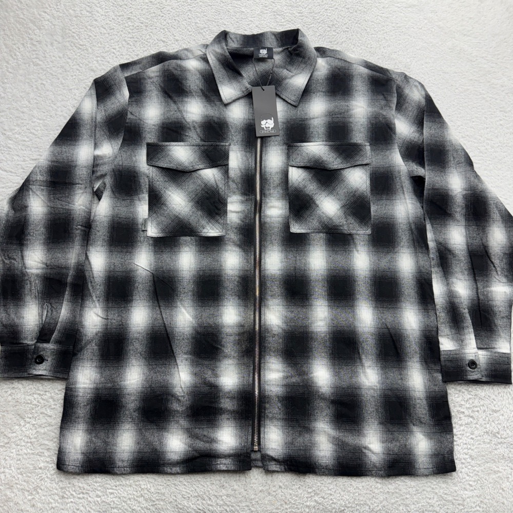 G59 Records Grey Five Nine Black White Plaid Zip Up Flannel Shirt Mens XL NWT